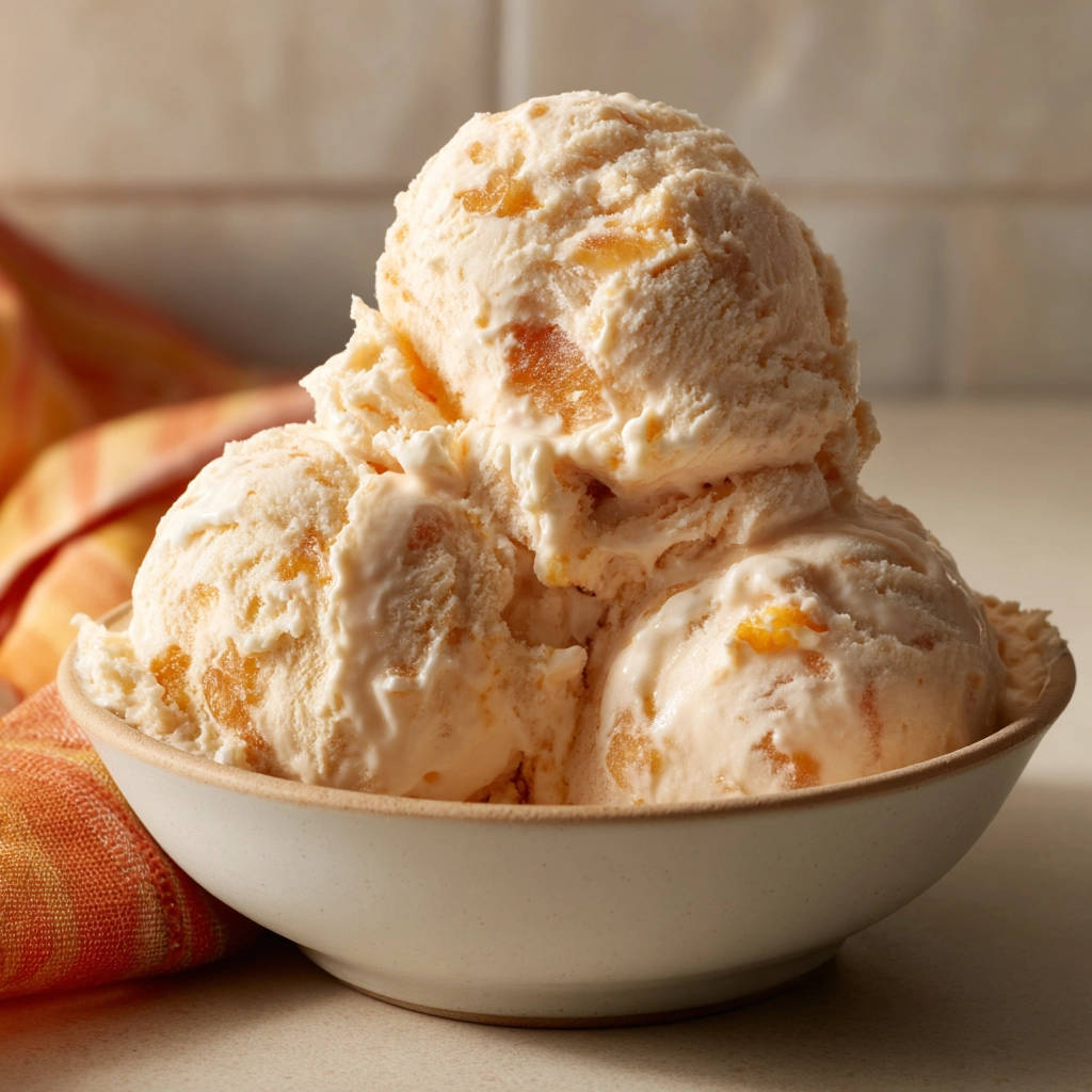 Creamy no-churn peach ice cream served in a bowl, showing scoops with visible peach pieces.