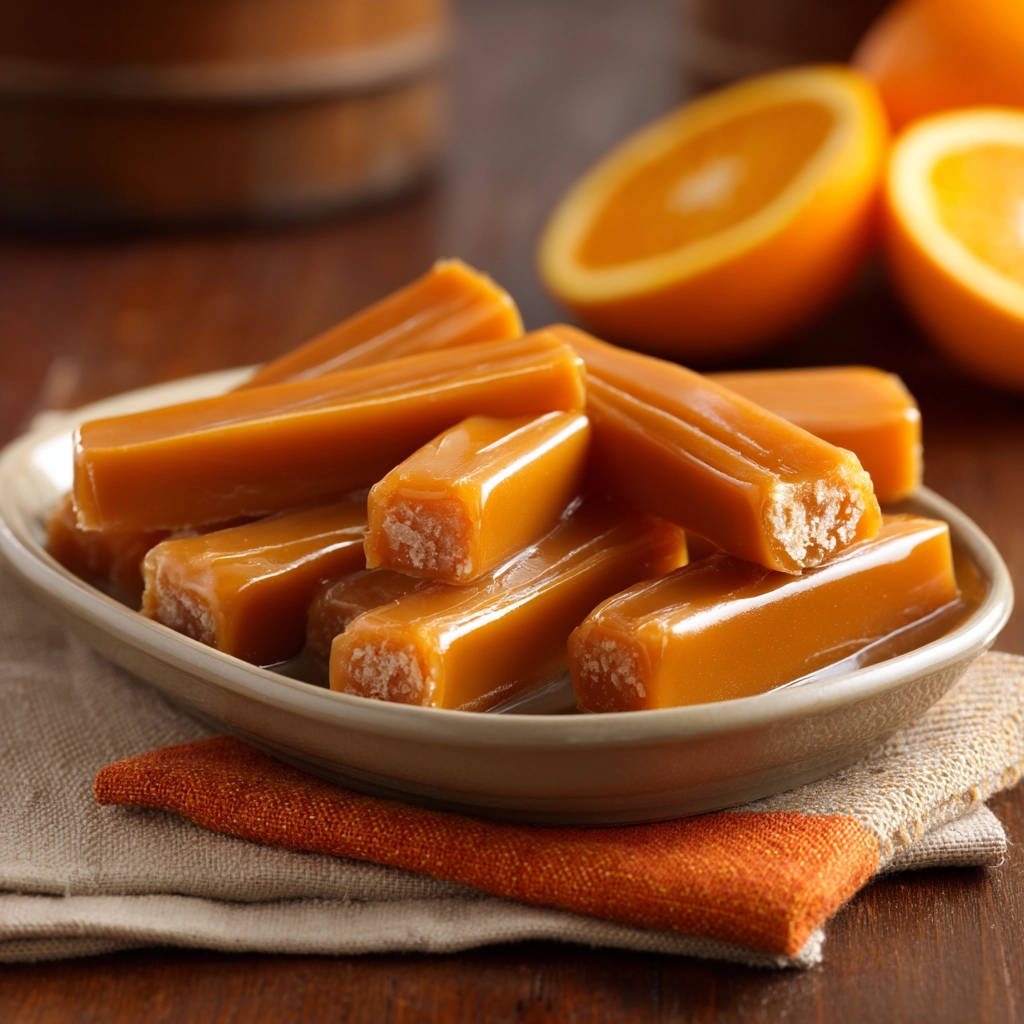 Homemade orange caramel candy shown in a close-up cross-section revealing its smooth texture and interior.