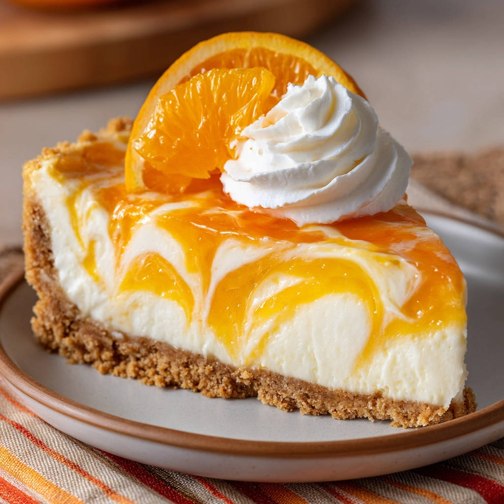 Orange Creamsicle Pie, a plated slice topped with whipped cream and an orange slice garnish.