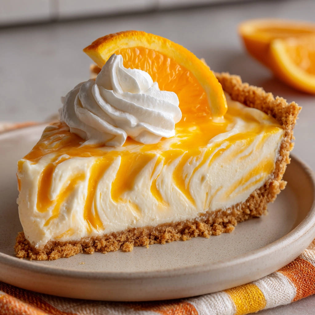 Orange Creamsicle Pie served as a single slice on a plate, topped with whipped cream and an orange garnish.