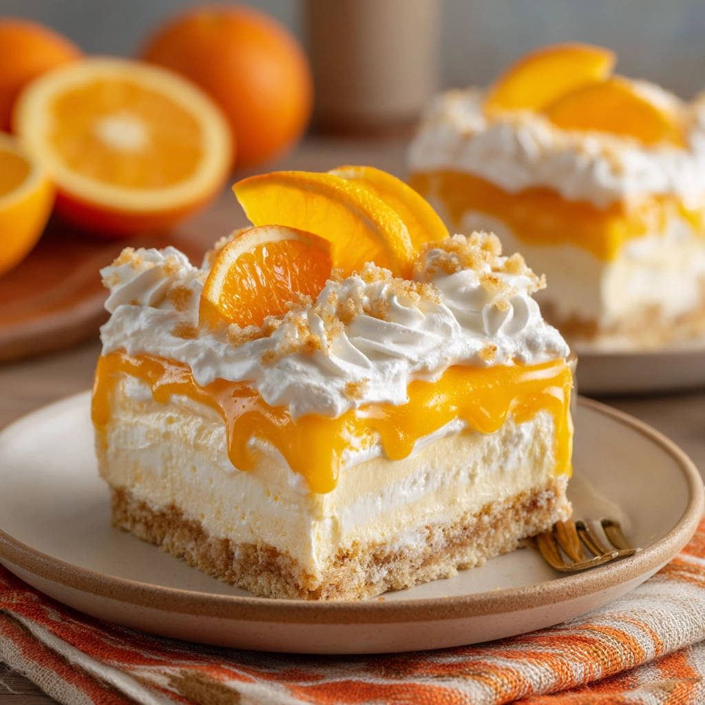 Orange Dream Bars, a plated slice showing the firm layers and orange glaze topping.