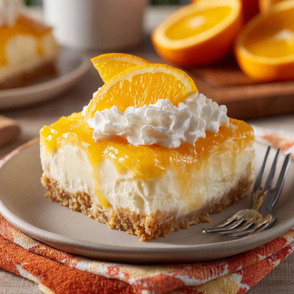 Orange Dream Bars, a dessert slice topped with whipped cream, orange slices, and glaze on a plate.