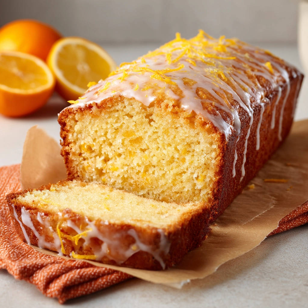 Orange glazed loaf showing a close-up cross-section with a slice cut and drizzled with glaze.