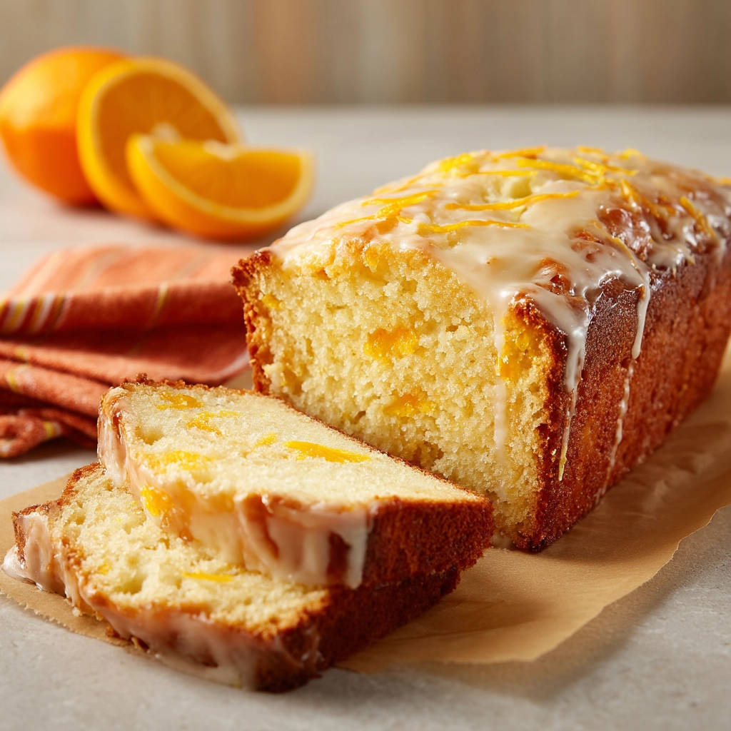 Perfect Orange Glazed Loaf sliced and displayed with fresh oranges in the background.
