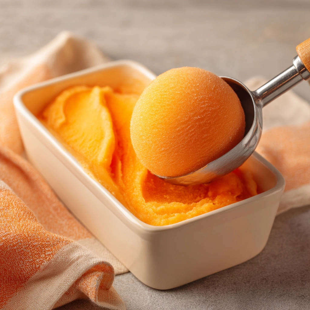 Easy orange sorbet scooped into a serving dish, showing the textured surface of the sorbet.