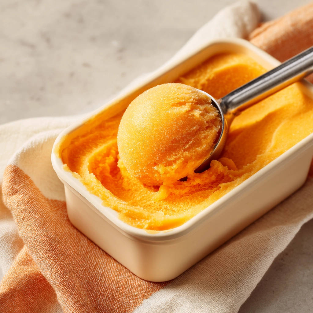 Easy orange sorbet being scooped from a rectangular dish, showing its vibrant color and texture.