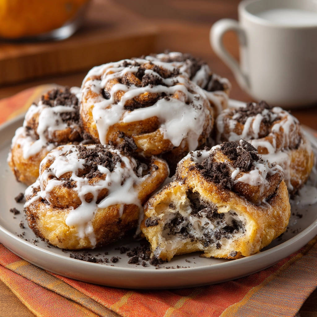Oreo crumble cinnamon rolls with a close-up view showing the fluffy interior and cookie pieces.