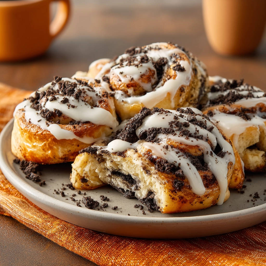 Oreo crumble cinnamon rolls, with a close-up cross-section revealing the fluffy interior and cookie pieces.