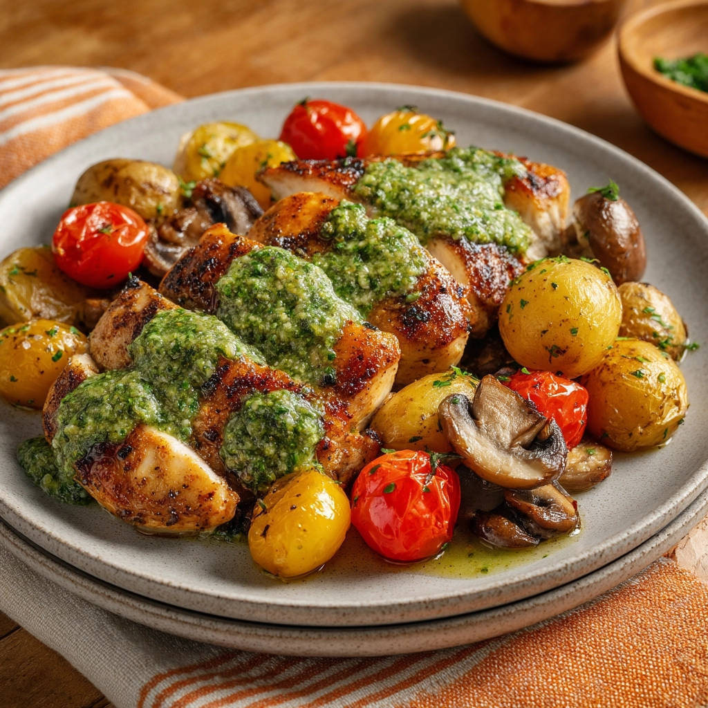 Easy pan-seared chicken with pesto and roasted veggies served on a plate with a close-up view of the glistening sauce.