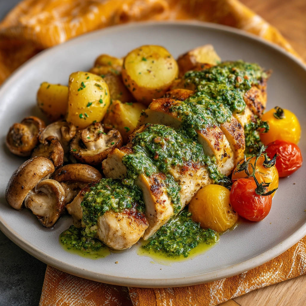 Easy pan-seared chicken with pesto and roasted veggies, plated close-up with mushrooms, potatoes, and tomatoes.