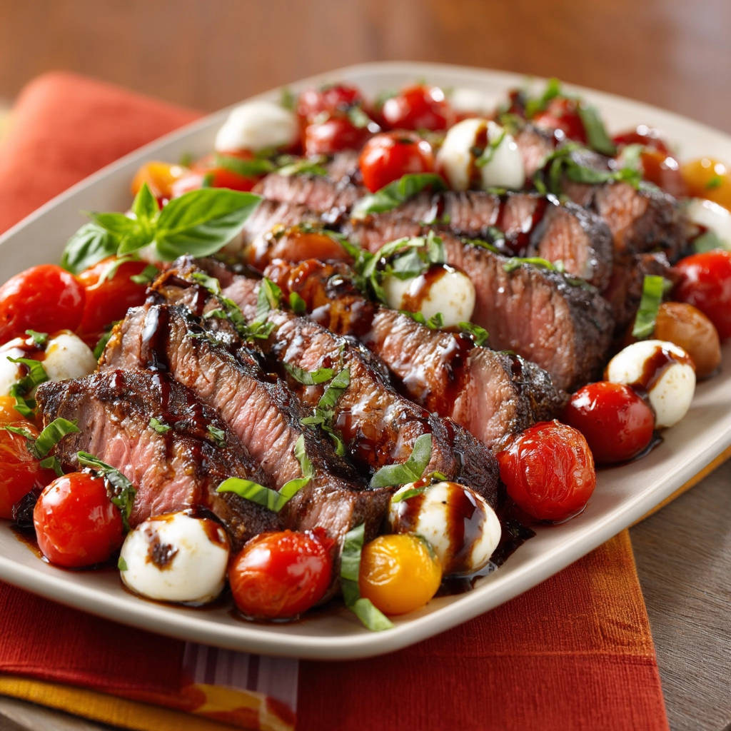 Pan-seared steak Caprese sliced and drizzled with balsamic glaze, served with tomatoes and mozzarella balls.