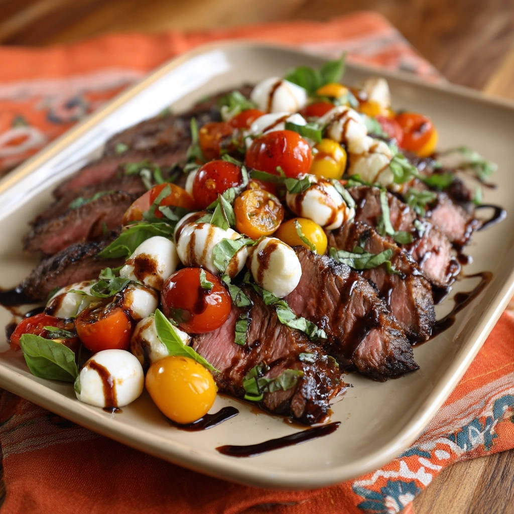 Pan-seared Steak Caprese served sliced on a platter, topped with fresh tomatoes, mozzarella, and basil drizzled with balsamic glaze.