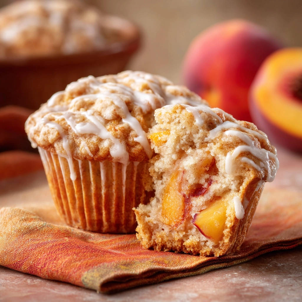 Peach crumble muffins, a cross-section revealing juicy fruit chunks and drizzled with white glaze.