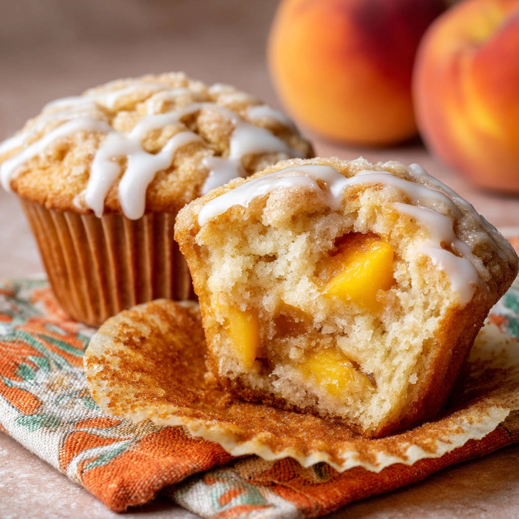 Peach crumble muffins cross-section showing moist interior filled with fresh peach pieces and drizzled with glaze.