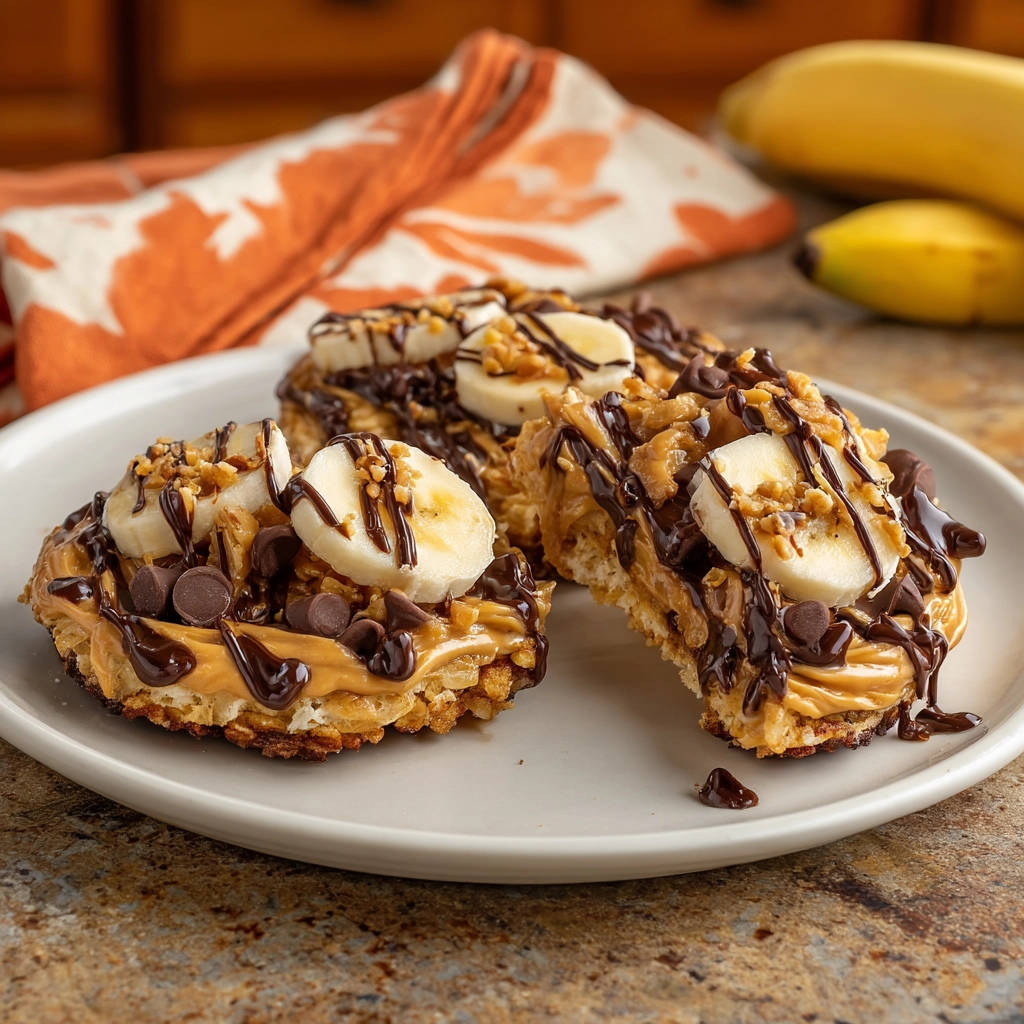 Peanut butter banana rice cake bites plated and drizzled with chocolate sauce, showing a close-up view of toppings.