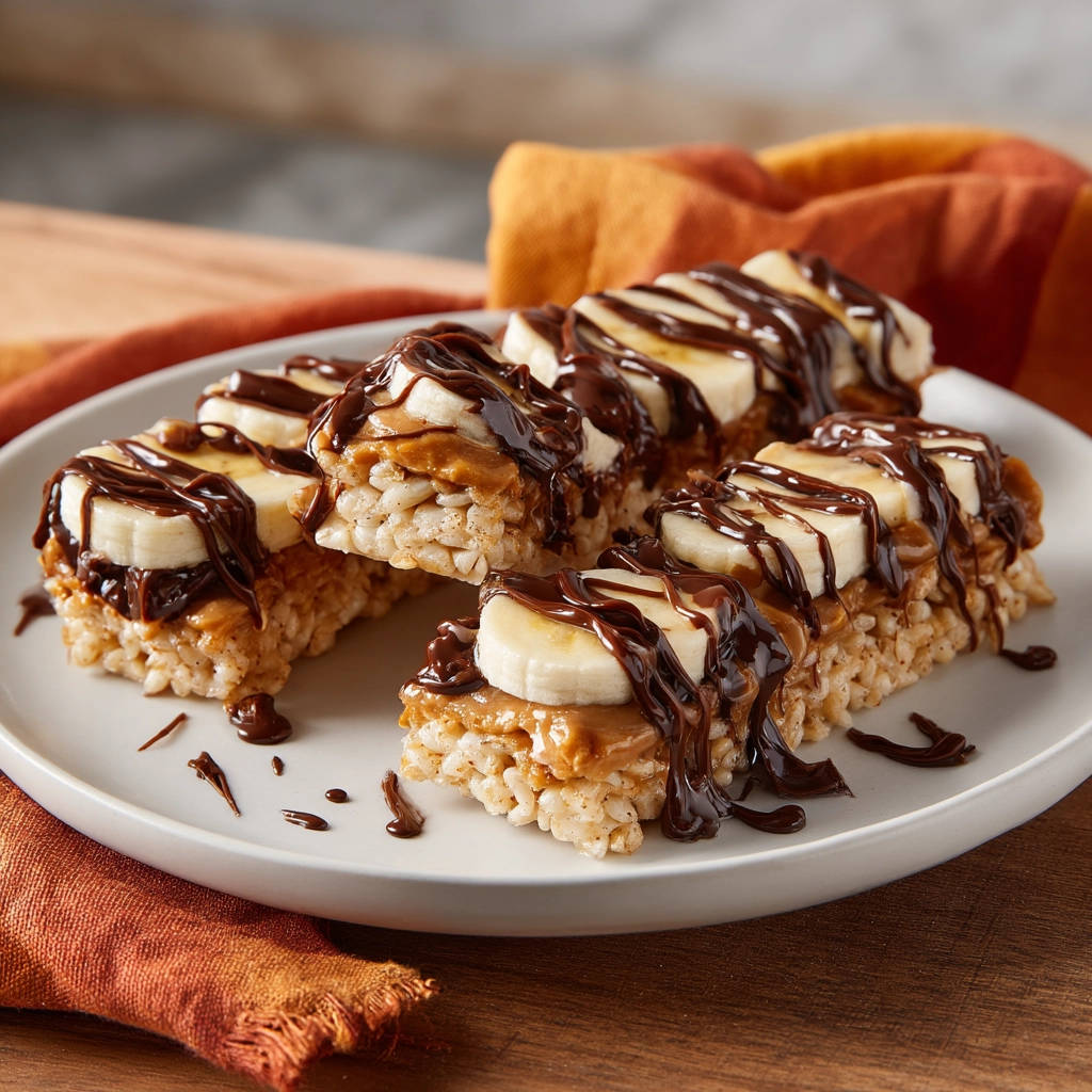 Peanut Butter Banana Rice Cake Bites plated with a rich chocolate drizzle and fresh banana slices.