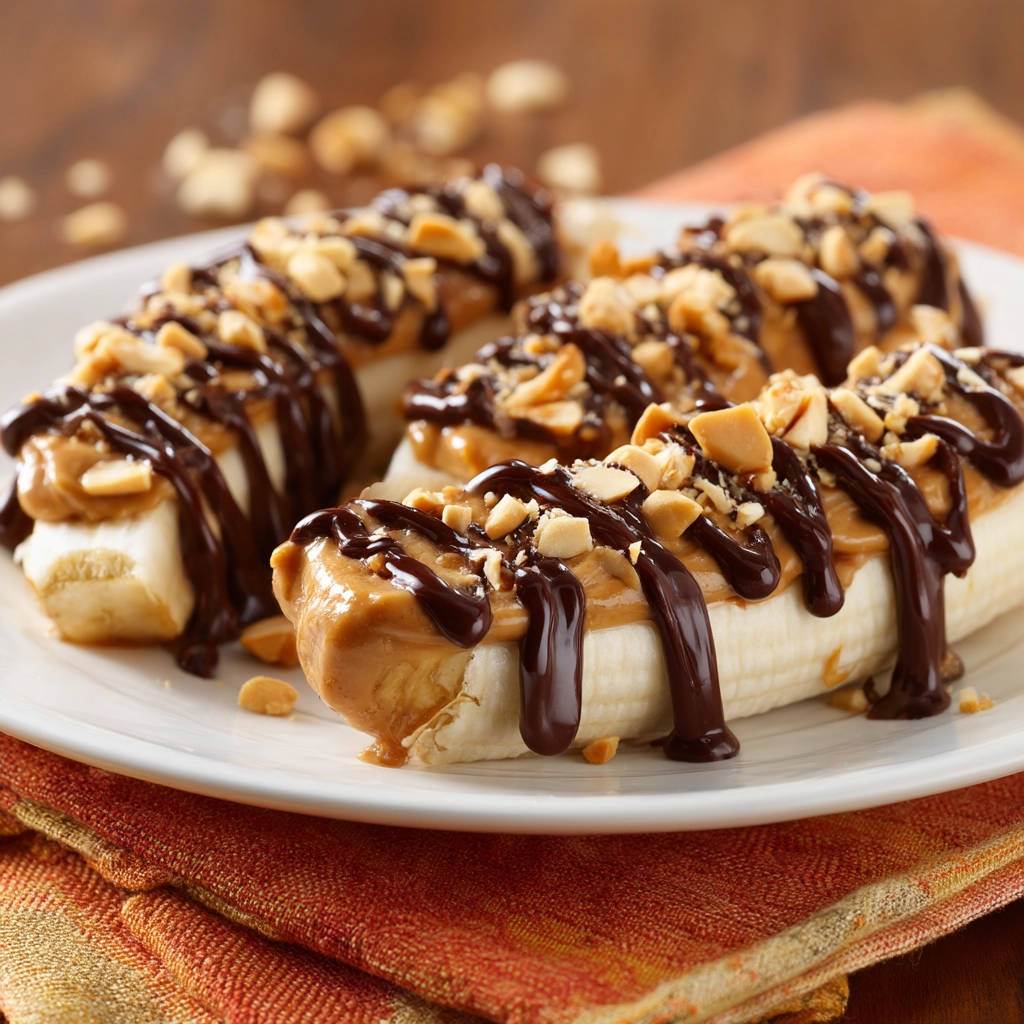 Easy peanut butter chocolate banana bites drizzled with chocolate and topped with chopped peanuts on a white plate.