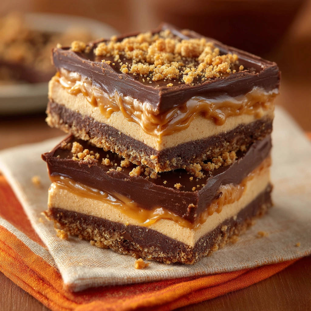 Peanut Butter Chocolate Layered Bars shown stacked, revealing a decadent cross-section with rich chocolate and caramel layers.