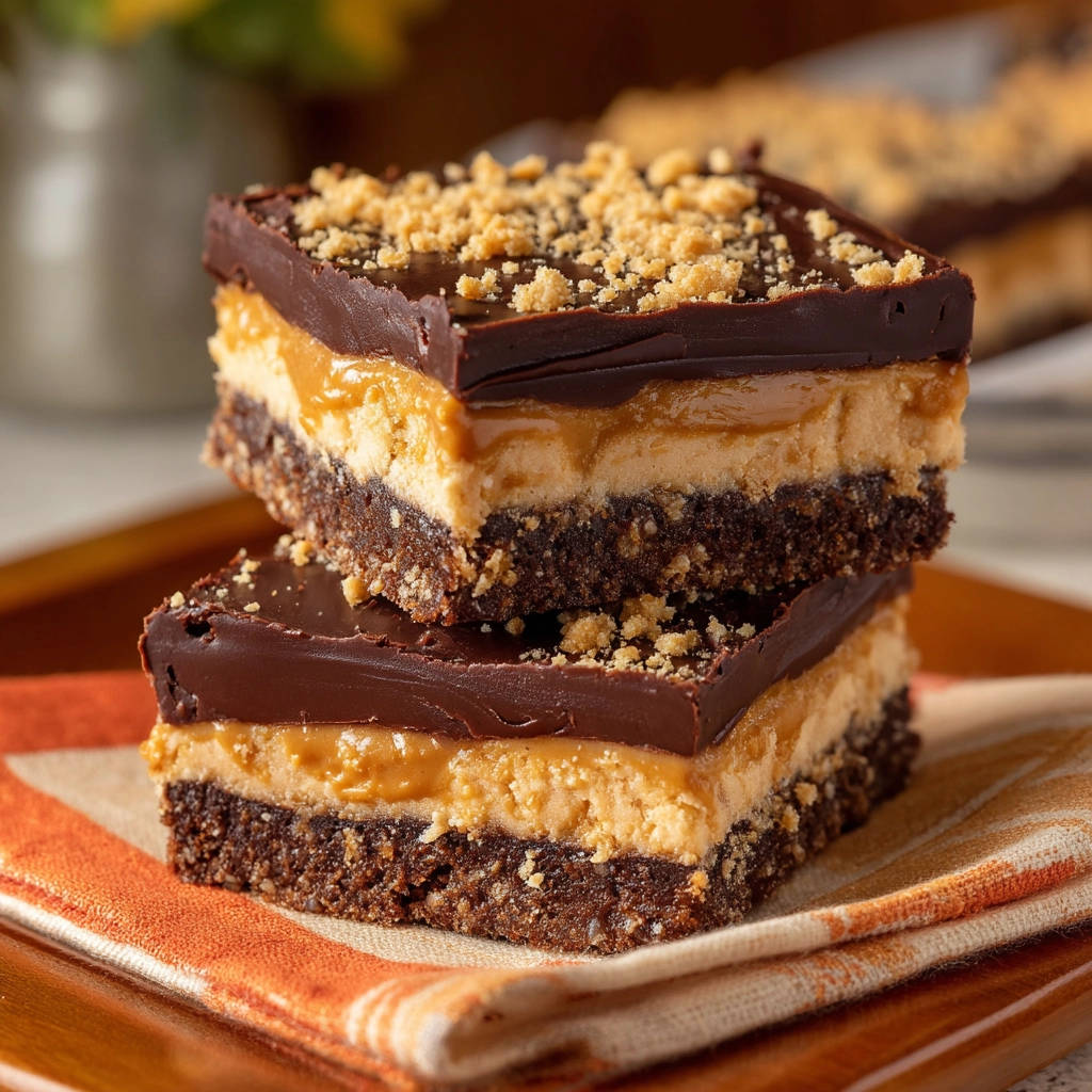 Peanut Butter Chocolate Layered Bars shown stacked to reveal their decadent chocolate, peanut butter, and brownie layers.