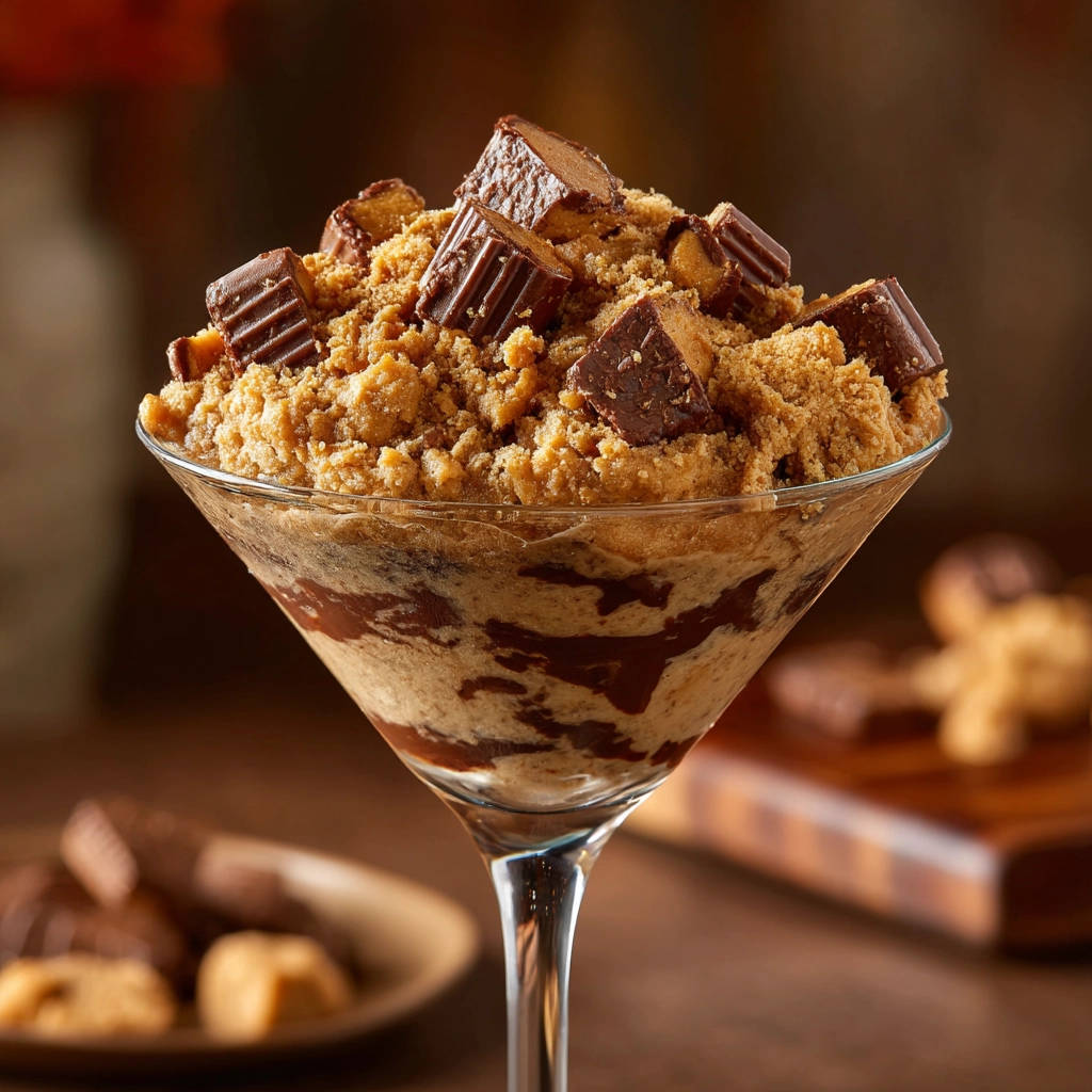 Peanut Butter Cookie Dough Dream served in a martini glass, topped with crumbled cookie dough and chocolate peanut butter cups.