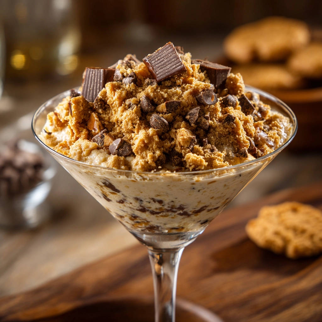Peanut Butter Cookie Dough Dream served in a martini glass, showing a close-up of the edible cookie dough texture and chocolate chips.