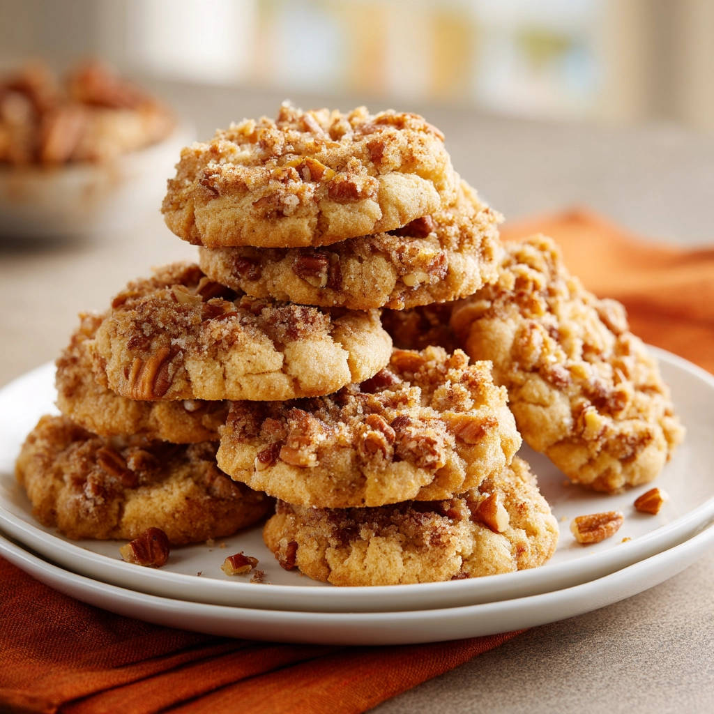 Pecan crumble cookies stacked high on a white plate with a textured topping and scattered nuts.
