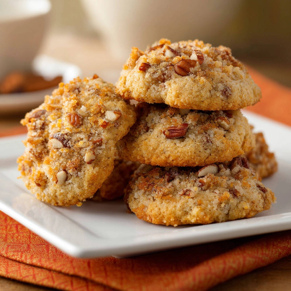 Pecan crumble cookies with a detailed view of the nutty, crumbly topping and visible pecan pieces.