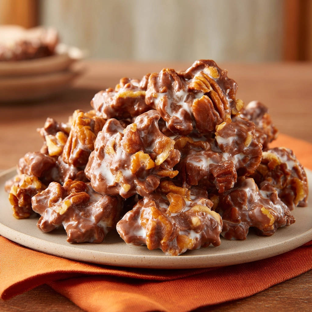 Easy pecan pralines in chocolate coating with nuts, piled high on a plate for a sweet treat.