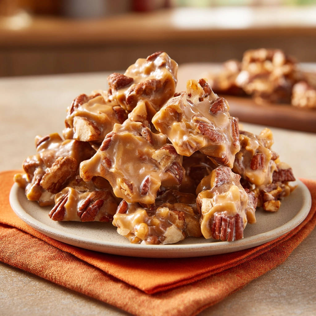 Easy pecan pralines shown in a close-up view on a white plate, drizzled with caramel.