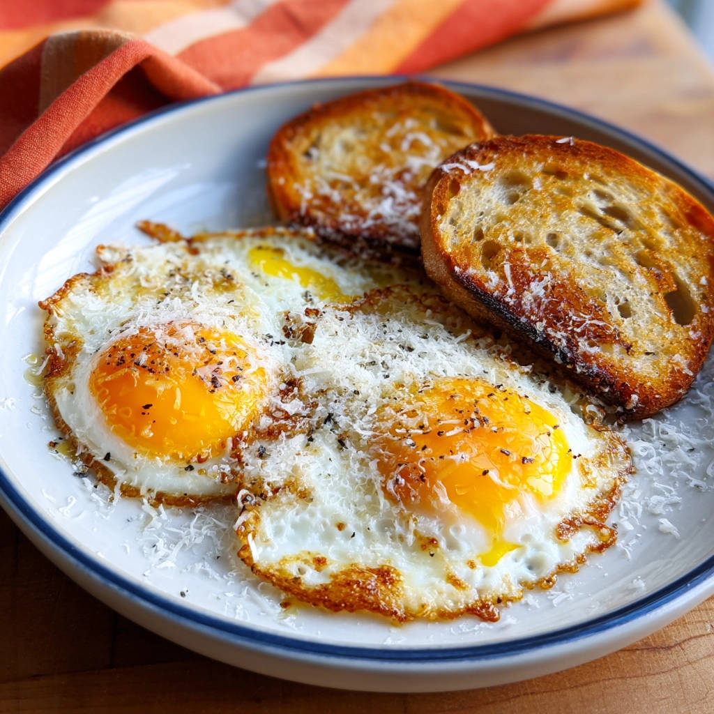 Perfect fried eggs with runny yolks and crispy edges, served alongside toasted bread on a white plate.