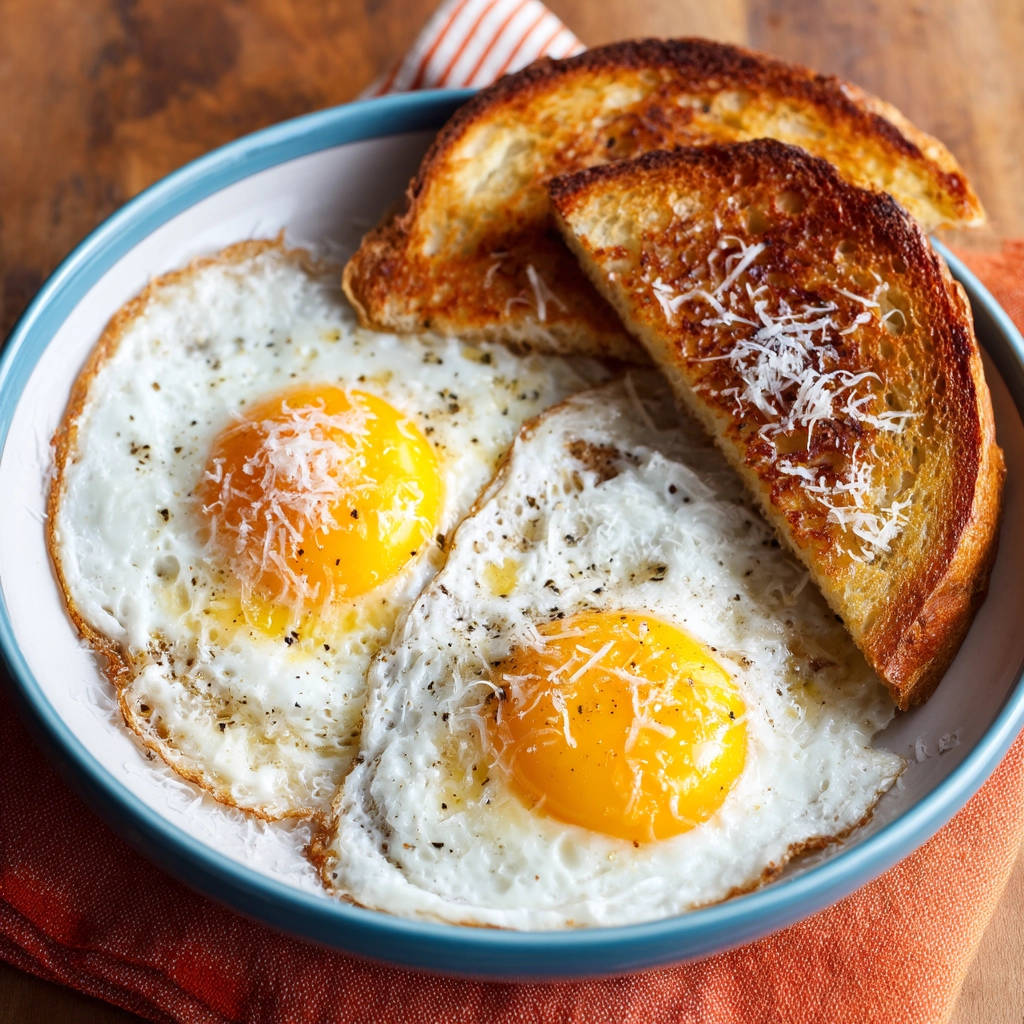 Perfect fried eggs, two sunny-side up with bright yellow yolks and shredded cheese, served with toasted bread.