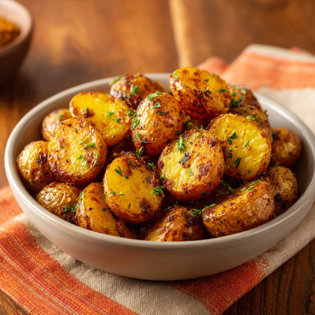 Perfect roasted potatoes in a bowl, seasoned and garnished with fresh parsley, shown in a close-up view.