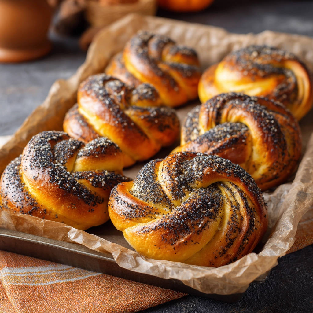 Poppy seed swirl rolls, freshly baked and presented in a close-up view on parchment paper.