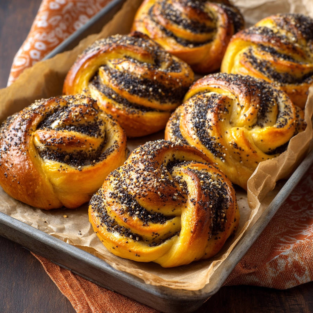 Poppy seed swirl rolls, freshly baked and arranged in a metal baking pan, showcasing their golden-brown tops.