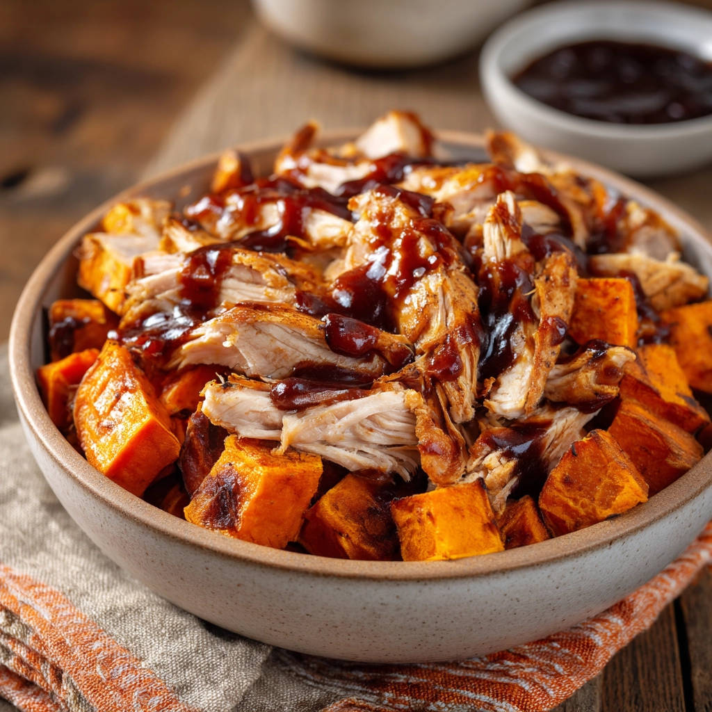 Juicy pulled BBQ chicken sweet potato bowls close-up, showing shredded chicken drizzled with sauce over roasted sweet potato cubes.