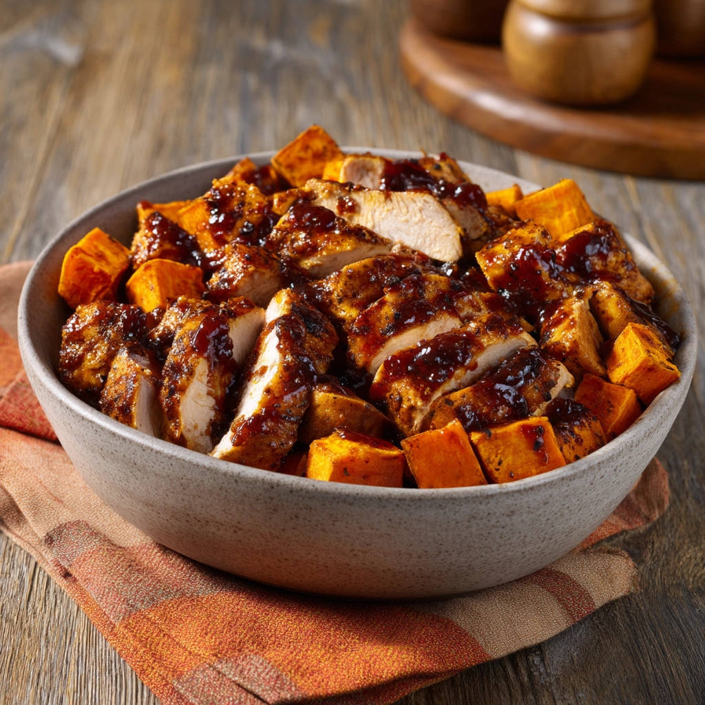 Pulled BBQ chicken sweet potato bowls with a glistening sauce, shown sliced and from a close overhead perspective.