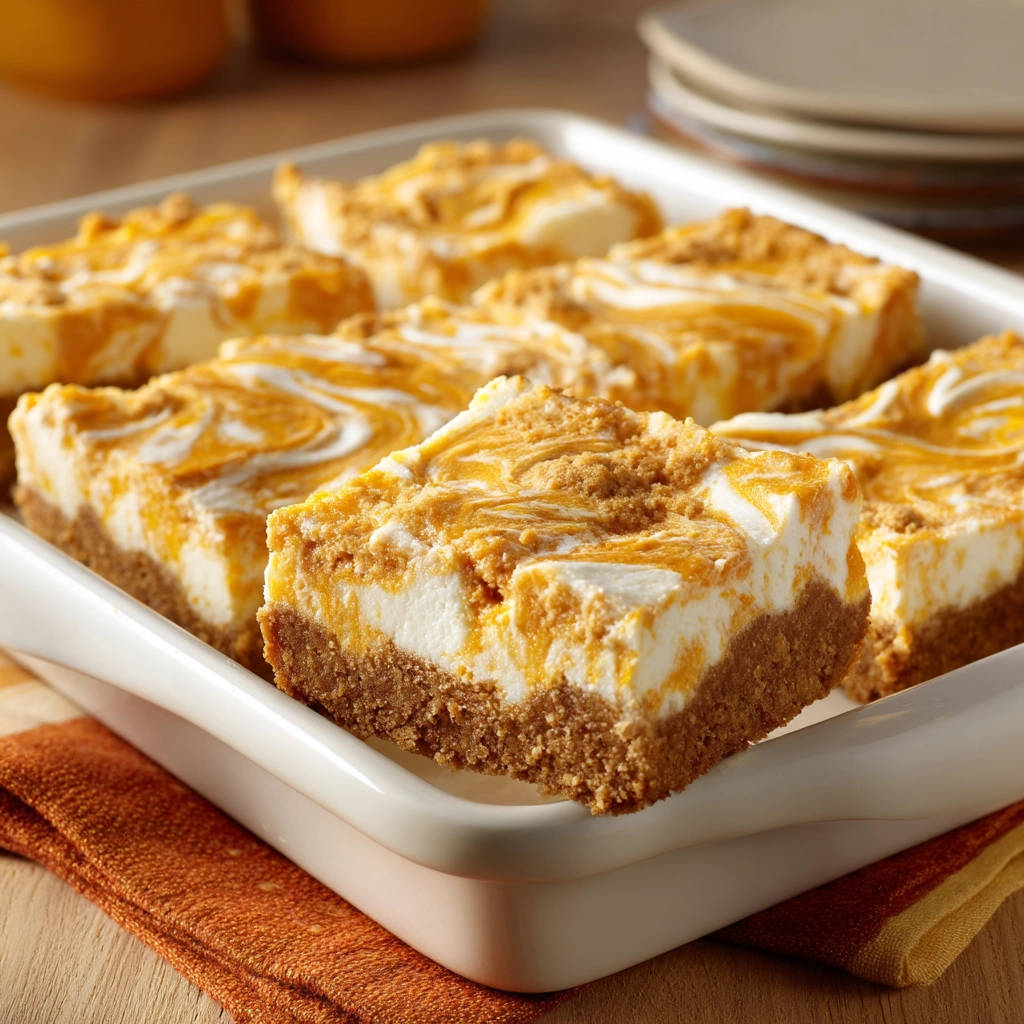 Pumpkin swirl cheesecake bars sliced in a white baking dish, showcasing the creamy filling and graham cracker crust.