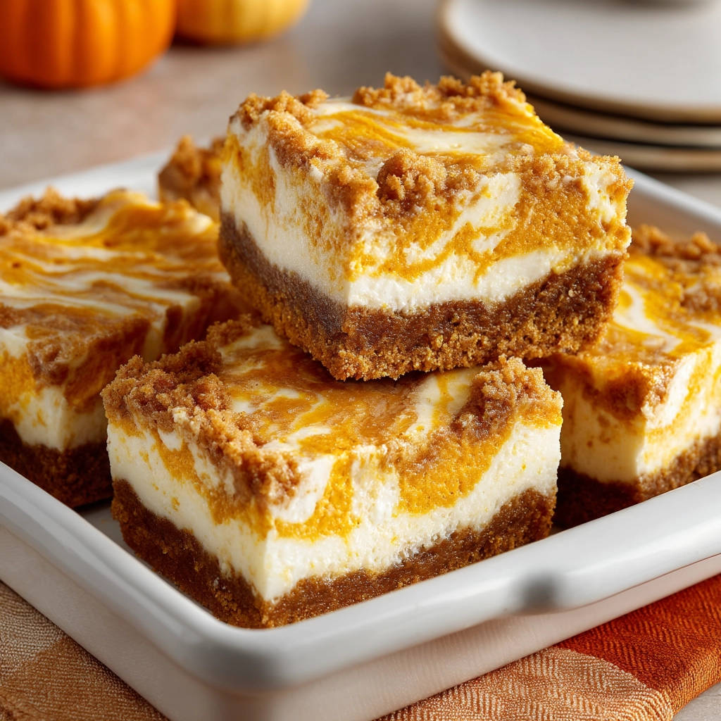 Pumpkin swirl cheesecake bars stacked in a white dish, showcasing their creamy texture and crumb topping.