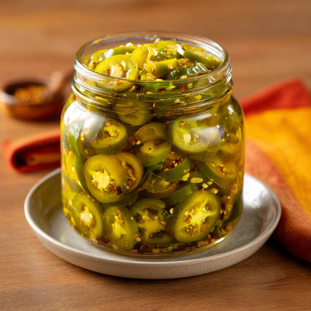 Quick pickled jalapenos shown in a clear glass jar, showcasing the vibrant green slices and pickling spices.