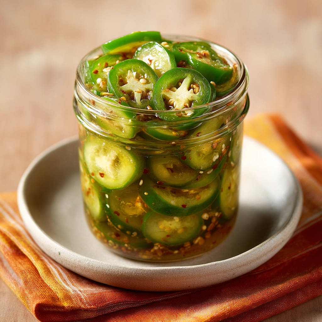 Quick pickled jalapenos packed tightly in a glass jar with visible seeds and spices.