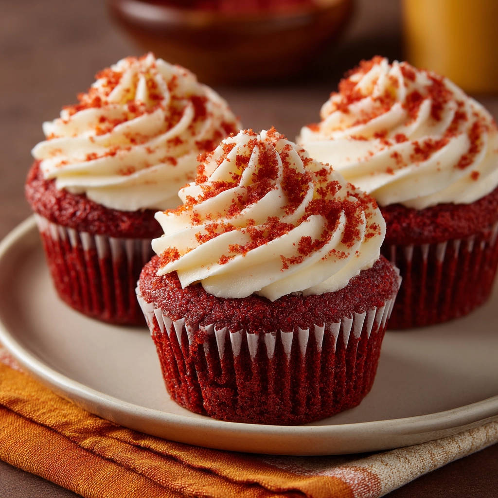Red velvet cupcakes with cream cheese frosting and red velvet crumbs, displayed on a plate with an orange napkin.
