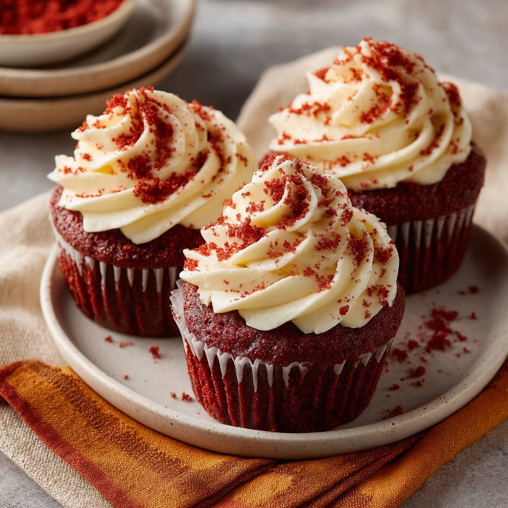 Red velvet cupcakes topped with cream cheese frosting and red crumbs, artfully arranged on a plate.