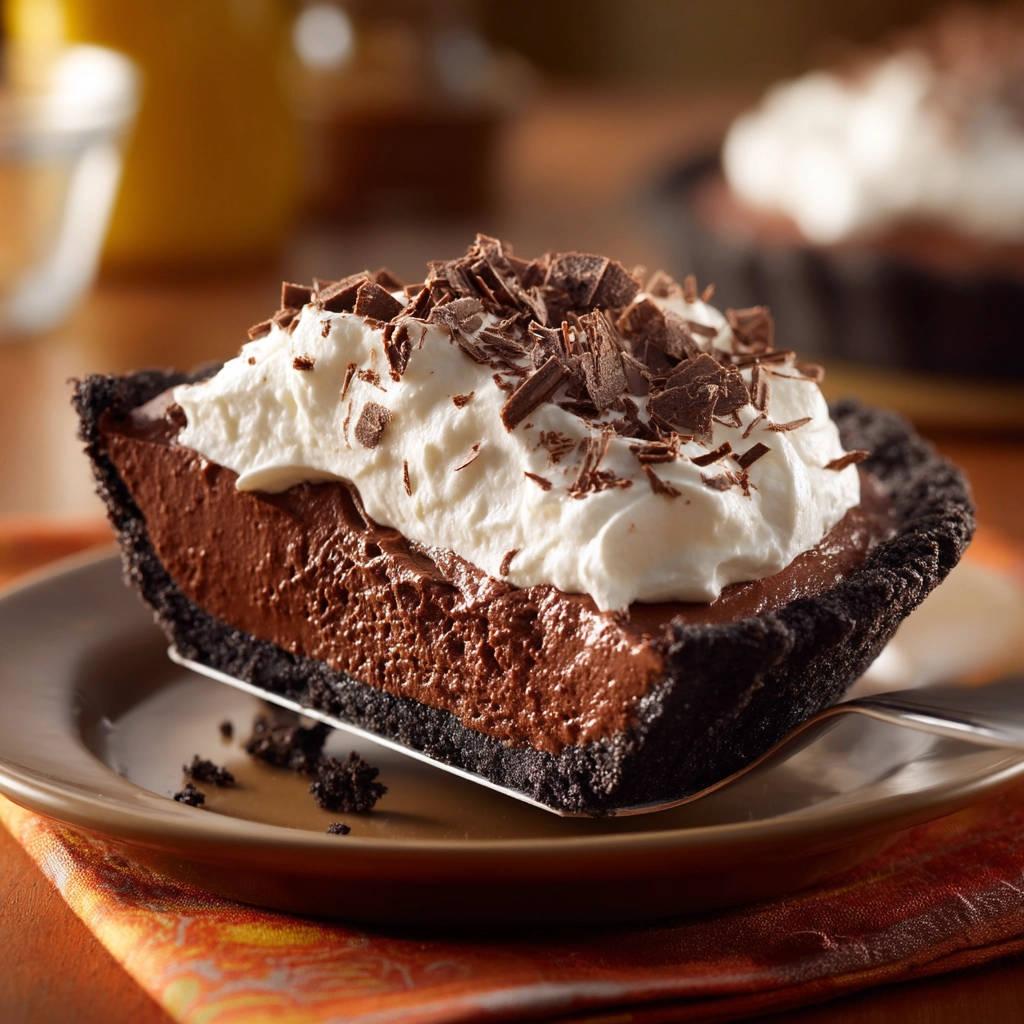 Rich chocolate cream pie slice with whipped cream topping and chocolate shavings garnish on a plate.