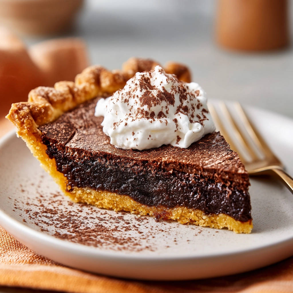 Rich Chocolate Fudge Pie slice topped with whipped cream and cocoa powder on a plate.