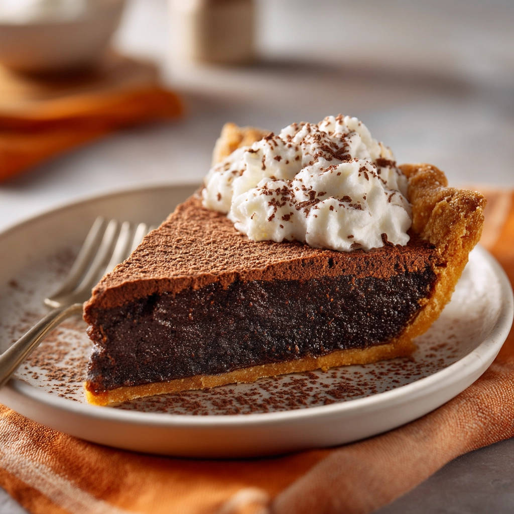 Rich chocolate fudge pie slice topped with whipped cream and chocolate shavings on a white plate.