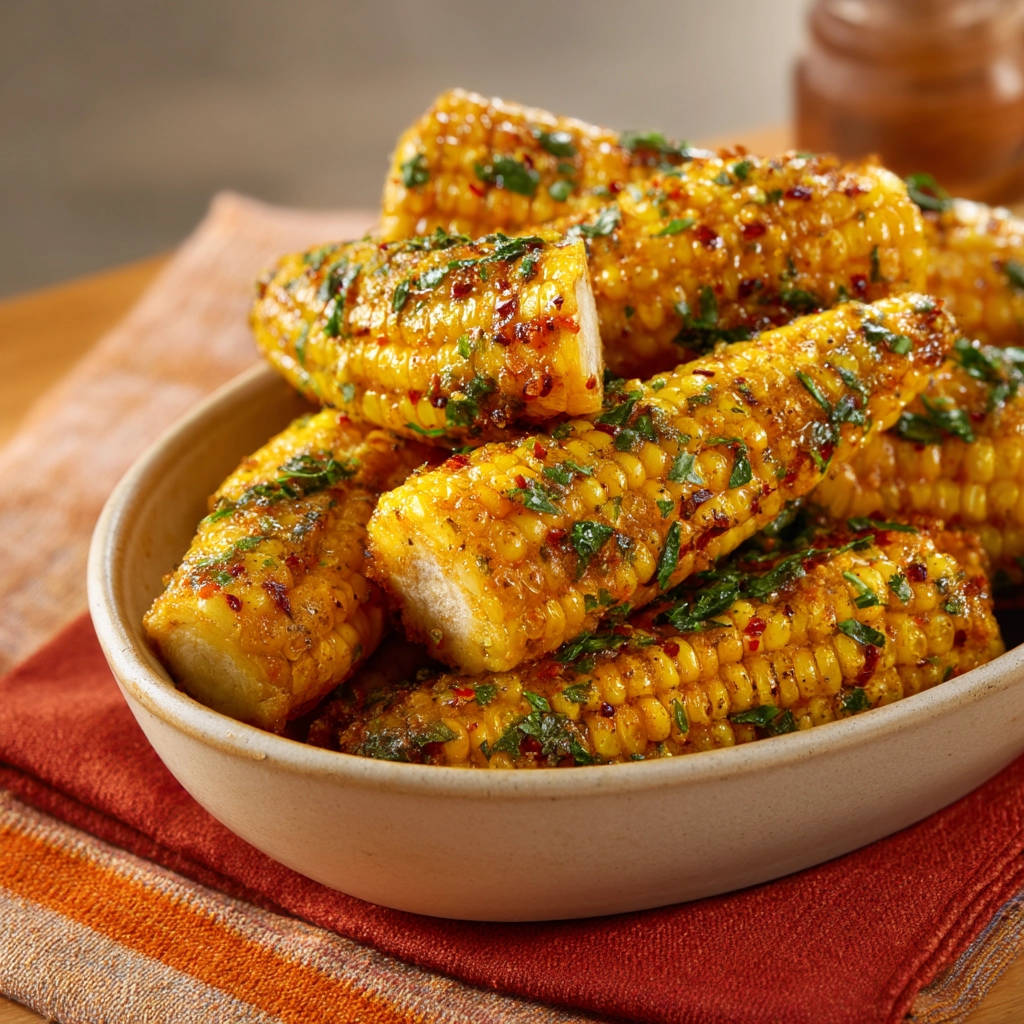 Perfectly roasted corn chunks generously coated in a flavorful glaze and herbs, served in a rustic bowl.