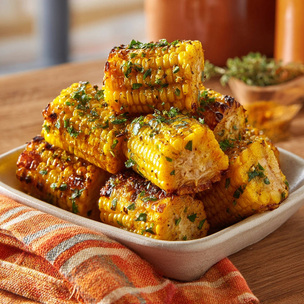 Perfectly roasted corn chunks are stacked in a bowl, seasoned with herbs and spices, ready to be served.