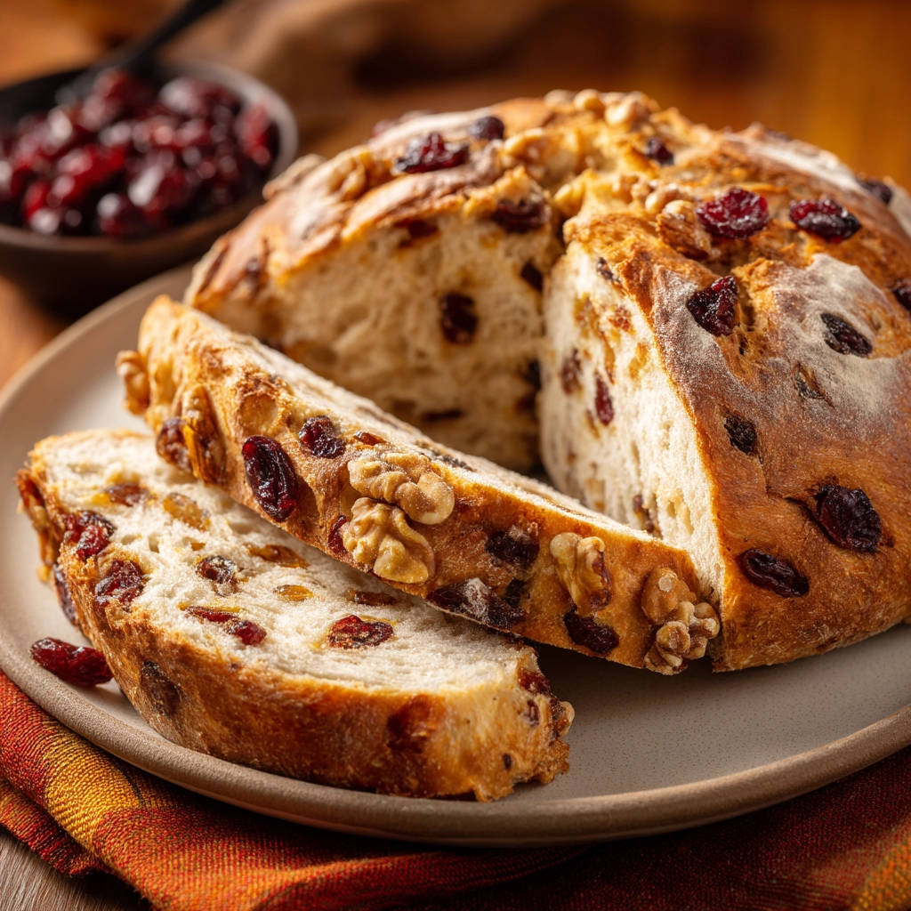 Rustic cranberry walnut bread, showcasing a close-up cross-section of the sliced loaf with visible fruit and nuts.