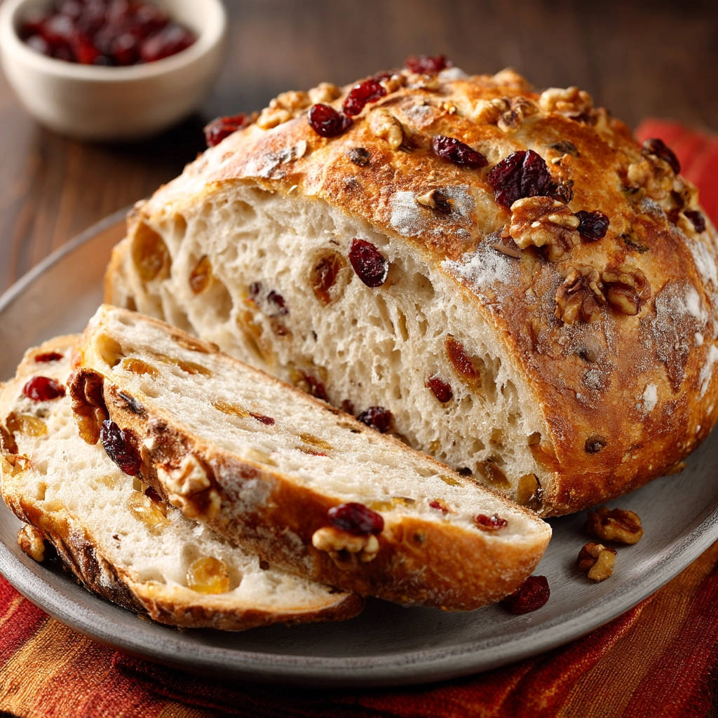 Rustic Cranberry Walnut Bread showing a close-up cross-section of its interior with visible fruit and nuts.