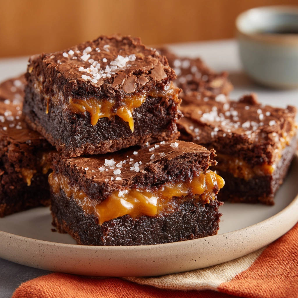 Salted caramel swirl brownies shown in a close-up cross-section revealing gooey caramel layers between rich chocolate cake.
